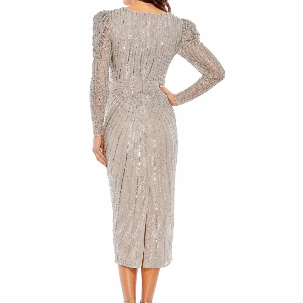 NWT Mac Duggal 93676 [20] Silver Beaded Lace Long Sleeve Midi Dress Cocktail - Picture 4 of 12